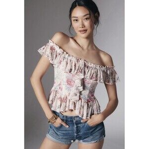 Anthropologie floral off-the-shoulder ruffled mesh top in ivory.